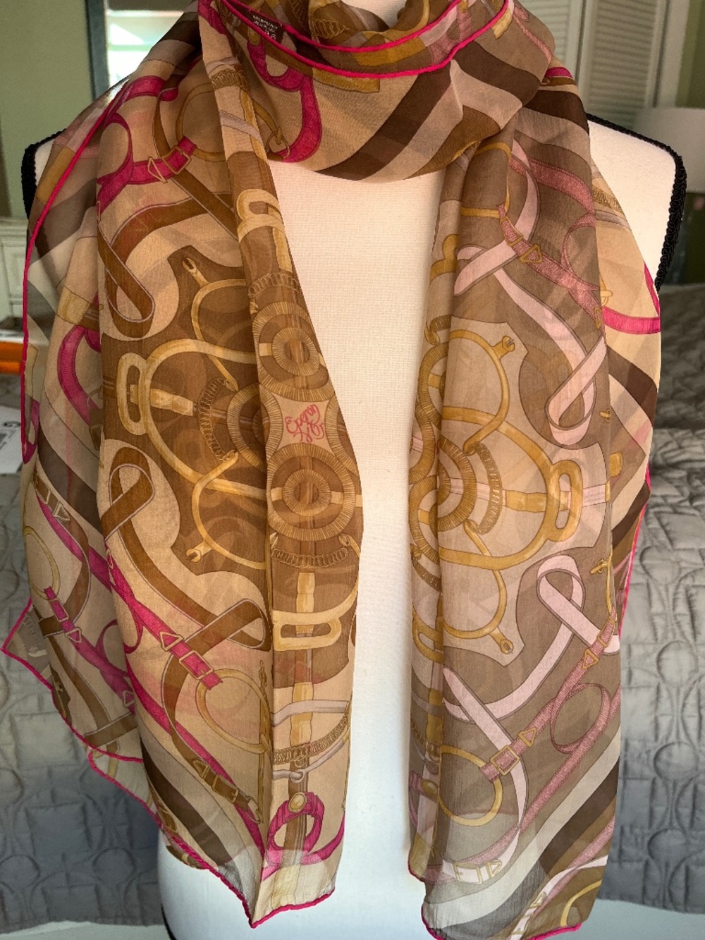 VINTAGE Hermes "Eperon D'or" Chiffon Muslim Long Shawl/STOLE 60cm x 180cm